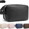 ROYALFAIR Travel Toiletry Bag, Leather Cosmetic Bag for Women and Men, Water-resistant Bathroom Bag, Large Capacity Hygiene Bag (Black)