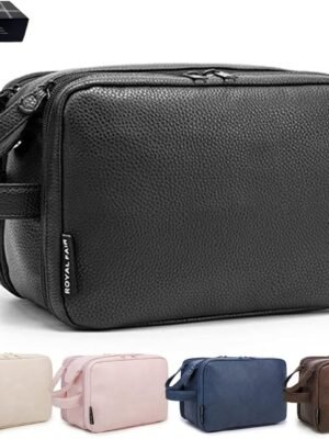 ROYALFAIR Travel Toiletry Bag, Leather Cosmetic Bag for Women and Men, Water-resistant Bathroom Bag, Large Capacity Hygiene Bag (Black)
