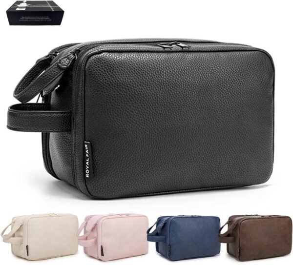 ROYALFAIR Travel Toiletry Bag, Leather Cosmetic Bag for Women and Men, Water-resistant Bathroom Bag, Large Capacity Hygiene Bag (Black)