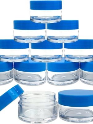 Beauticom 20 gram/20ml Empty Clear Small Round Travel Container Jar Pots with Lids for Make Up Powder, Eyeshadow Pigments, Lotion, Creams, Lip Balm, Lip Gloss, Samples (12 Pieces, Blue)