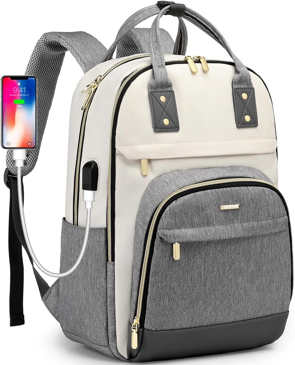 Backpack for Women 15.6 Inch Laptop Backpack Work Business Travel Backpacks with USB Charger Waterproof College Teacher Computer Bookbag Professional Anti-theft Casual Bags for Adult Nurse Grey