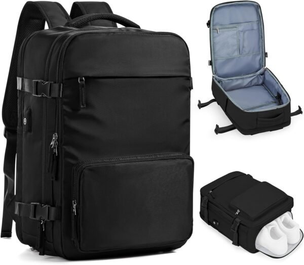 Black Large Travel Backpack for Men Carry On Flight Approved Laptop Backpack with USB Charging Port, Personal Item Backpack Water Resistant College Back Pack Business Work Bag