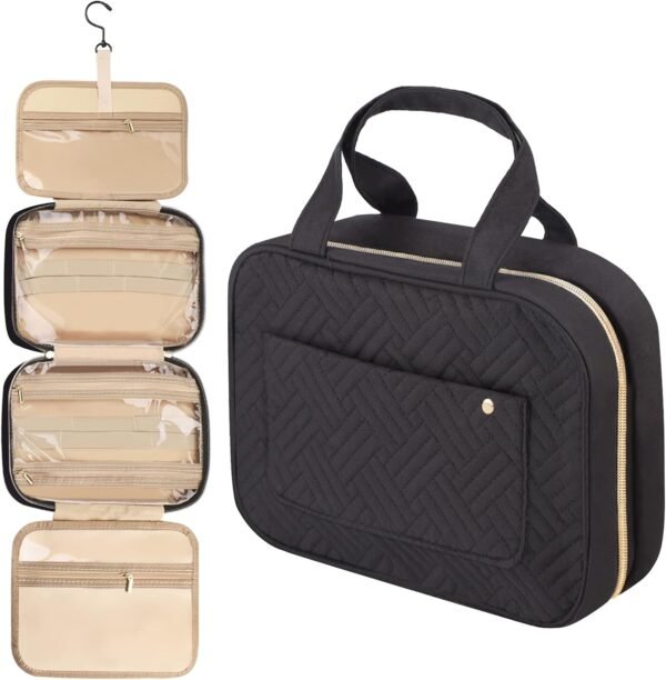 Travel Toiletry Bag with Hanging Hook, Portable Makeup Cosmetic Bag Travel Organizer for Accessories, Shampoo, Container, Toiletries, Travel/Daily Use, Black