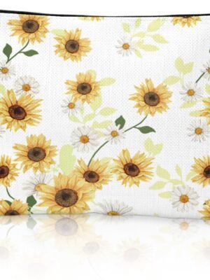 Aesthetic Sunflower Floral Makeup Bag for Purse Linen Travel Cosmetic Organizer Bags with Zipper Toiletry Bag Portable Makeup Brushes Storage Bag for Women Girls