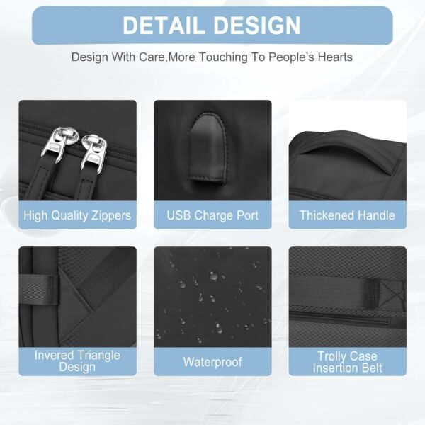 Black Large Travel Backpack for Men Carry On Flight Approved Laptop Backpack with USB Charging Port, Personal Item Backpack Water Resistant College Back Pack Business Work Bag