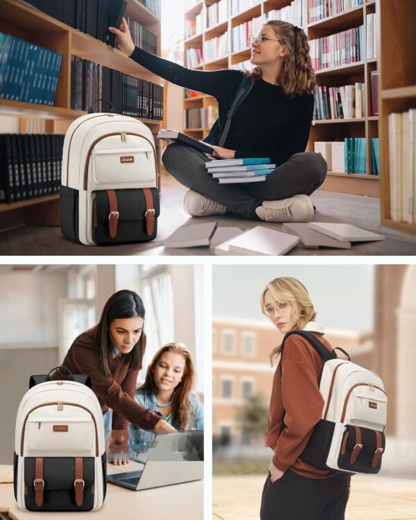 LOVEVOOK College Backpack for Women Fit 15.6 Inch Laptop, Cute Aesthetic Backpack for 14-16 Year Olds, Large Capacity Travel Work Backpack Purse for Nurse Teacher, Black-White-Brown
