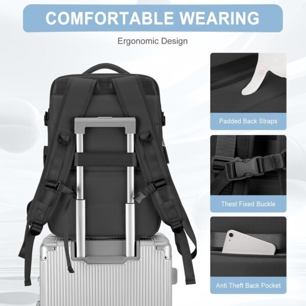 Black Large Travel Backpack for Men Carry On Flight Approved Laptop Backpack with USB Charging Port, Personal Item Backpack Water Resistant College Back Pack Business Work Bag