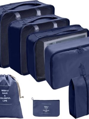 7 Set Packing Cubes for Suitcases, Man & Wome Travel Luggage Packing Organizers with Laundry Bag, Compression Storage Shoe Bag, Clothing Underwear Bag (Navy Blue)