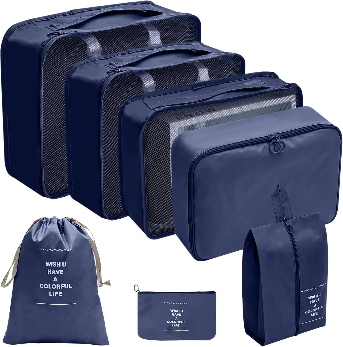 7 Set Packing Cubes for Suitcases, Man & Wome Travel Luggage Packing Organizers with Laundry Bag, Compression Storage Shoe Bag, Clothing Underwear Bag (Navy Blue)