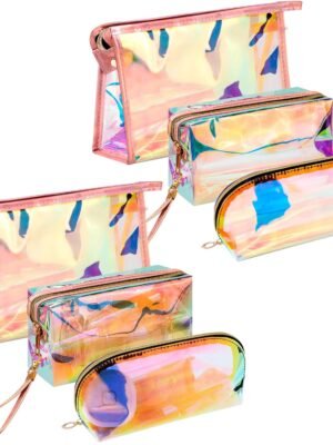 6 Pcs Holographic Makeup Bags Set, Clear Iridescent Cosmetic Bags, Portable Waterproof Toiletry Bag, Travel Zippered Makeup Organizer Cosmetic Pouch for Women, Mothers Day Gifts