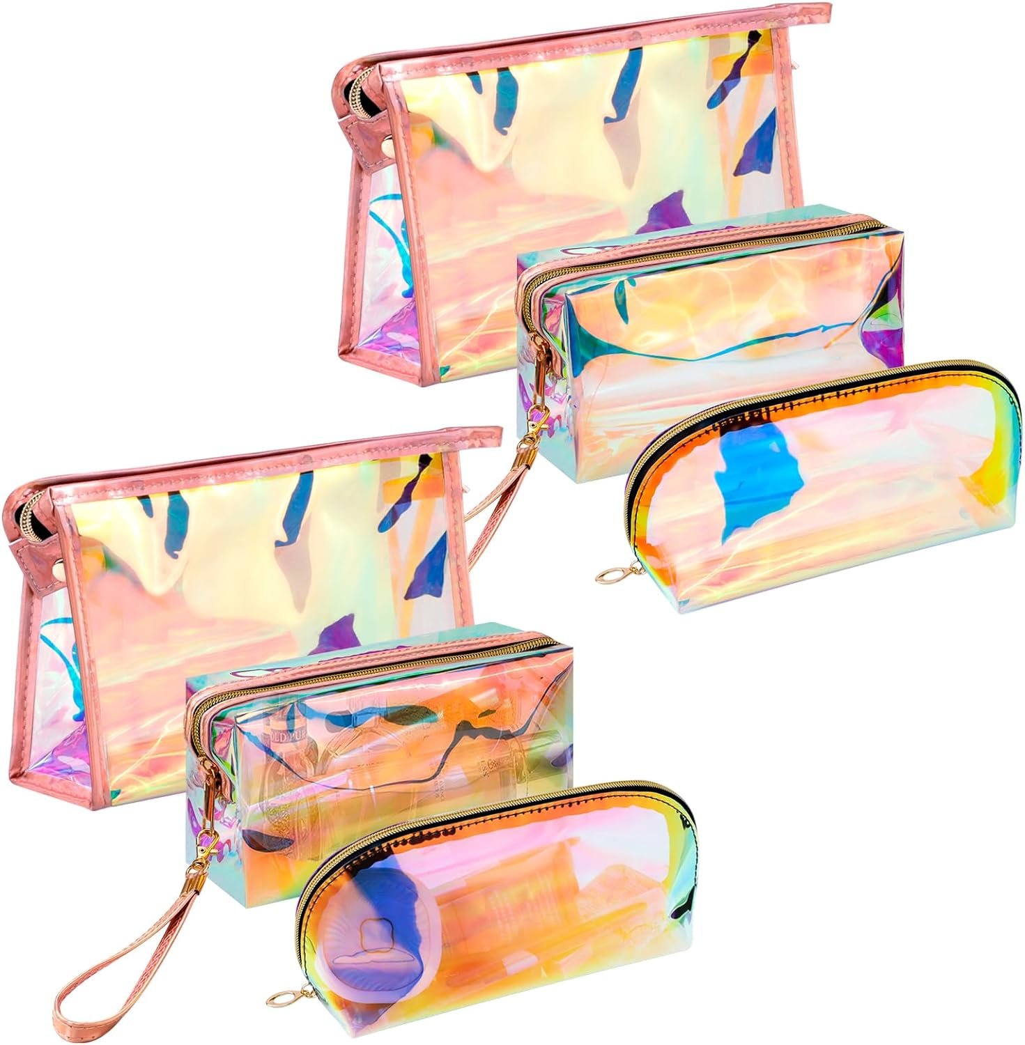 6 Pcs Holographic Makeup Bags Set, Clear Iridescent Cosmetic Bags, Portable Waterproof Toiletry Bag, Travel Zippered Makeup Organizer Cosmetic Pouch for Women, Mothers Day Gifts