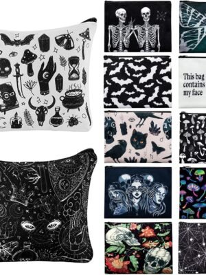 Amylove 12 Pieces Goth Makeup Bag Bat Skull Cosmetic Bags Gothic Purse Canvas Goth Gifts Gothic Zipper Travel Makeup Bag Goth Portable Makeup Organizer Travel Pouches for Women