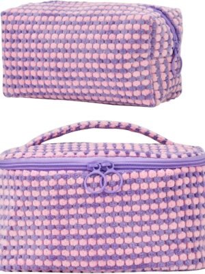 2PCS Makeup Bag Comfy Cosmetic Bag Set for Women Girls,Large Capacity Travel Makeup Pouch,Toiletry Bag,Portable Makeup Organizer with Double Zipper (Purple)