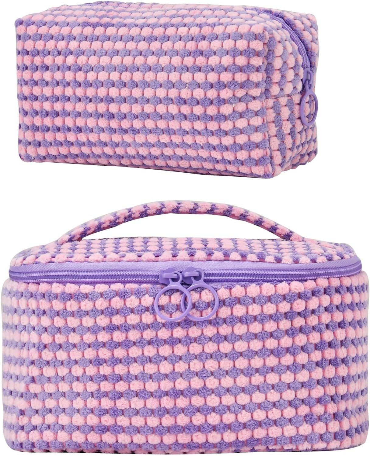 2PCS Makeup Bag Comfy Cosmetic Bag Set for Women Girls,Large Capacity Travel Makeup Pouch,Toiletry Bag,Portable Makeup Organizer with Double Zipper (Purple)