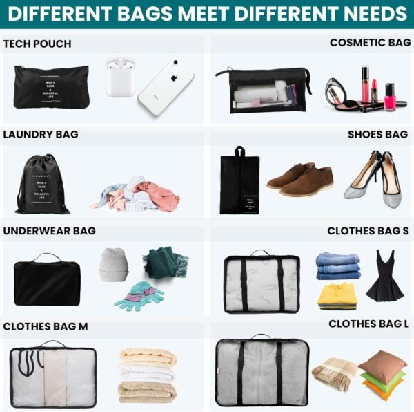 JPG_Store Packing Cubes - 8 Set Suitcase Organizers - Nylon Travel Packing Cubes for Carry On Includes Shoe Bag and Makeup Pouch (Black)