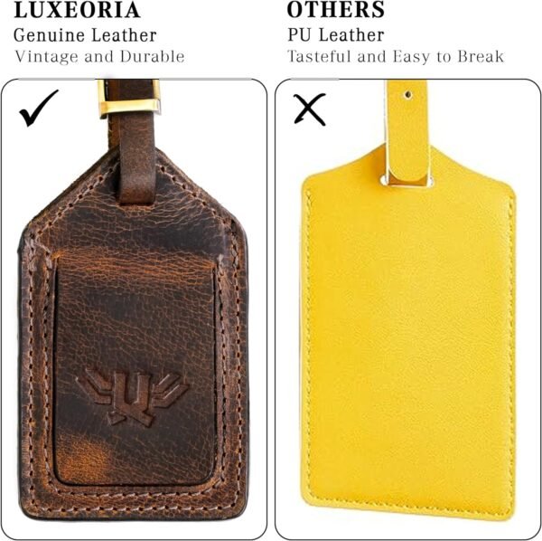 Luxeoria Genuine Leather Luggage Tag - TSA Approved Suitcase ID Tag, Baggage Identifier for Men Women with Privacy Cover | Minimalistic Travel Suitcase Tag | Single Pack - Designer Printed TAN