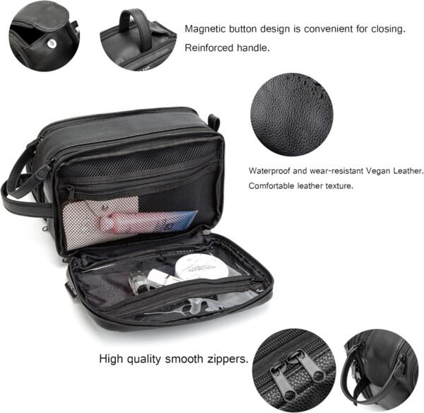 ROYALFAIR Travel Toiletry Bag, Leather Cosmetic Bag for Women and Men, Water-resistant Bathroom Bag, Large Capacity Hygiene Bag (Black)