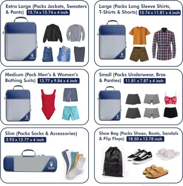 Ways of the Wanderlust 5 Compression Packing Cubes for Travel w/Shoe Bag (6 Piece Set) - Expandable Travel Compression Bags for Packing - Suitcases, Backpack & Luggage Compression Cubes (Blue)