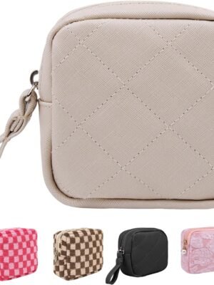 QFDS Mini Makeup Bag for Purse,Rhombus Leather Cosmetic Bag, Zipper Pouches, Cute Make Up Pouch, Cosmetic Case for Travel Essentials,Aesthetic Accessories Storage Bag for Women (Rhombus Beige)