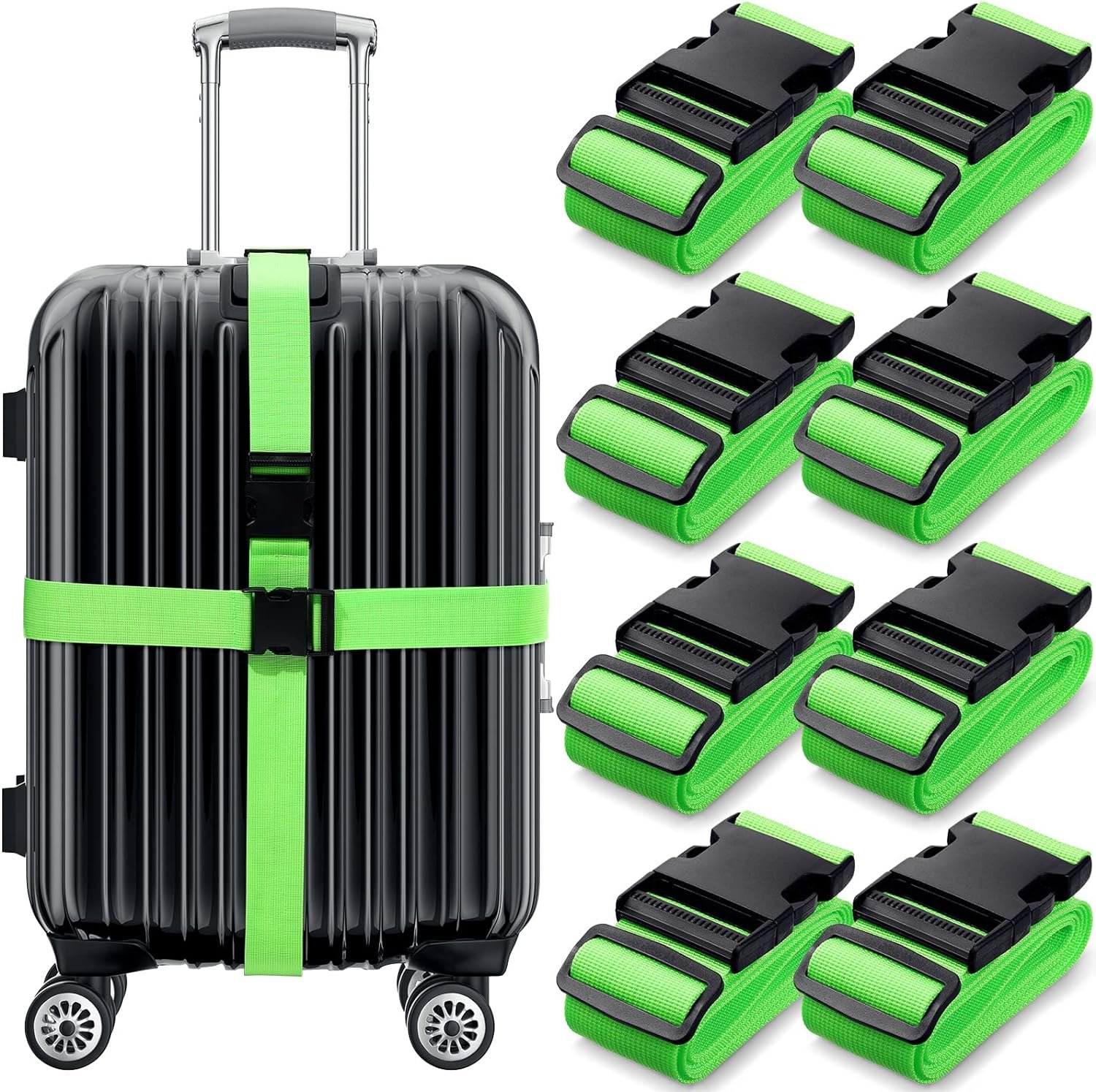 8 Pcs Luggage Straps Suitcases Belt Wide Adjustable 74 Inch with Quick-Release Buckle and Organized Belt Travel Accessories(Green)