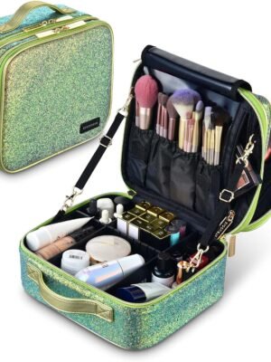 BYOOTIQUE Travel Sequin Makeup Case Cosmetic Makeup Organizer with Adjustable Dividers Portable Artist Storage Bag for Cosmetics Makeup Brushes Toiletry Jewelry Digital Accessories (Glitter Green)