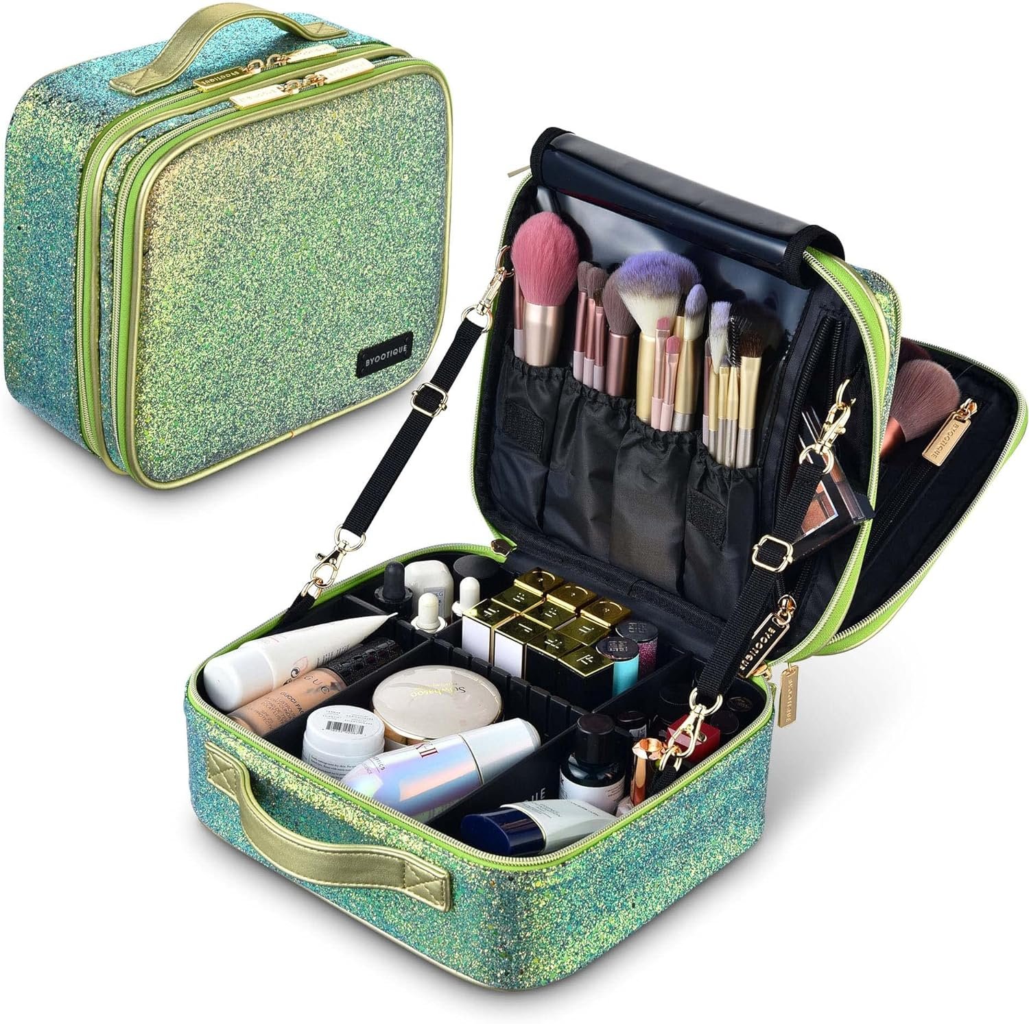 BYOOTIQUE Travel Sequin Makeup Case Cosmetic Makeup Organizer with Adjustable Dividers Portable Artist Storage Bag for Cosmetics Makeup Brushes Toiletry Jewelry Digital Accessories (Glitter Green)