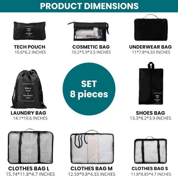 JPG_Store Packing Cubes - 8 Set Suitcase Organizers - Nylon Travel Packing Cubes for Carry On Includes Shoe Bag and Makeup Pouch (Black)
