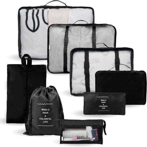 JPG_Store Packing Cubes - 8 Set Suitcase Organizers - Nylon Travel Packing Cubes for Carry On Includes Shoe Bag and Makeup Pouch (Black)
