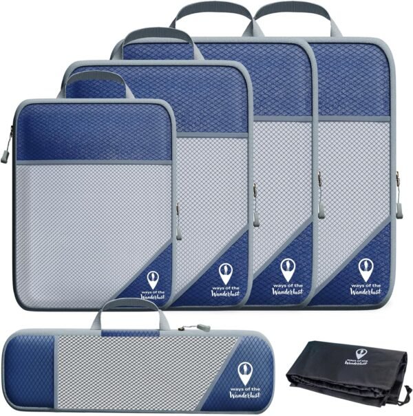 Ways of the Wanderlust 5 Compression Packing Cubes for Travel w/Shoe Bag (6 Piece Set) - Expandable Travel Compression Bags for Packing - Suitcases, Backpack & Luggage Compression Cubes (Blue)