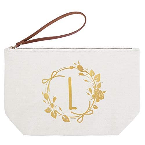 ELEGANTPARK Birthday Gifts for Women Mom Friend Teacher Her Personalized Makeup Bag with L Initial Travel Cosmetic Bag Monogrammed Gifts for Women Teacher Gifts Wedding Gifts Canvas Pouch