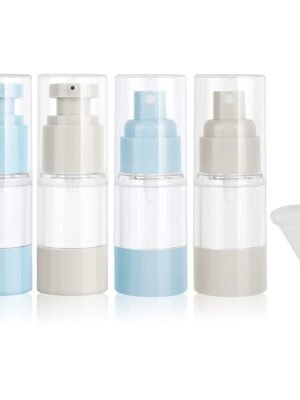 Pwsap 4 Pack 1/2 oz (15ml) Vacuum Cosmetic Travel Container, Spray and Pump Travel Bottle Kits with Funnel for Toiletries, Tsa Approved Travel Size Refillable Bottle, Leak Proof Airless Container Kit