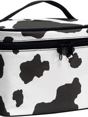 White Black Cow Cowhide Cute Print Portable Makeup Bags for Women Large Capacity Cosmetic Organizer and Storage Pouch with Zipper and Handle Travel Toiletry Accessories