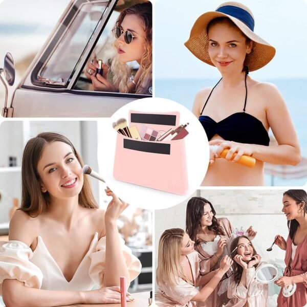 Silicone Makeup Bag, Magnetic Travel Large Toiletry Bag for Women Premium Travel Easy Carry Cosmetic Bags Soft for Makeup, Beauty Tools, Brushes Silicone Makeup Organizer Bag Holder Cute Set-Pink
