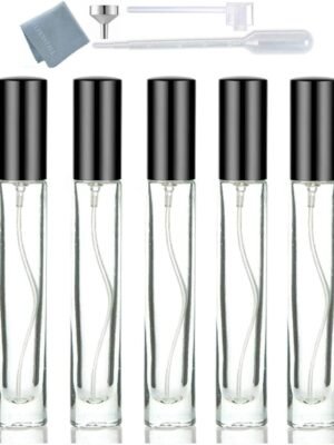 5pcs 10ml 1/3oz Black Silver Metal Spray Bottle Refill Perfume Hydrating Fragrance Fine Mist Atomizer Cosmetic Container Round Tube Party Makeup Tool Travel Gift Sample