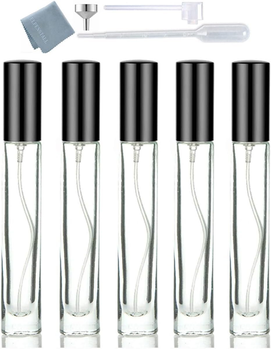 5pcs 10ml 1/3oz Black Silver Metal Spray Bottle Refill Perfume Hydrating Fragrance Fine Mist Atomizer Cosmetic Container Round Tube Party Makeup Tool Travel Gift Sample