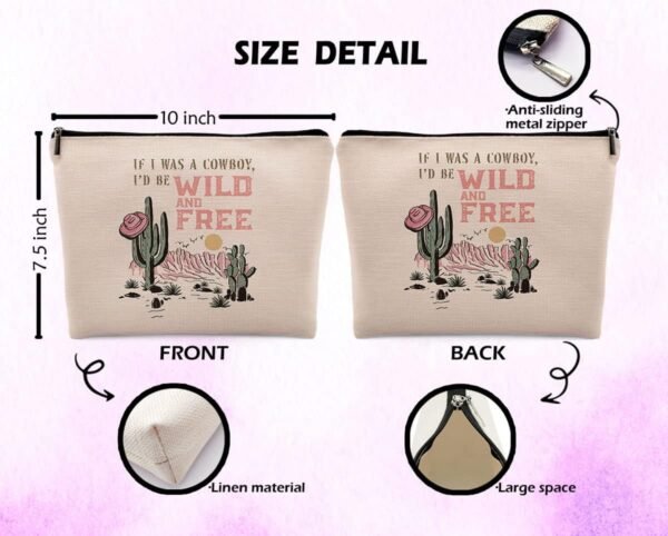 If I Was A Cowboy I'd Be Wild and Free Cosmetic Bag, Western Cowgirl Hat Cactus Desert Makeup Bag Zipper Cosmetic Pouch Bag Travel Linen Makeup Organizer, Cowgirl Gifts for Women Teen Girls Her