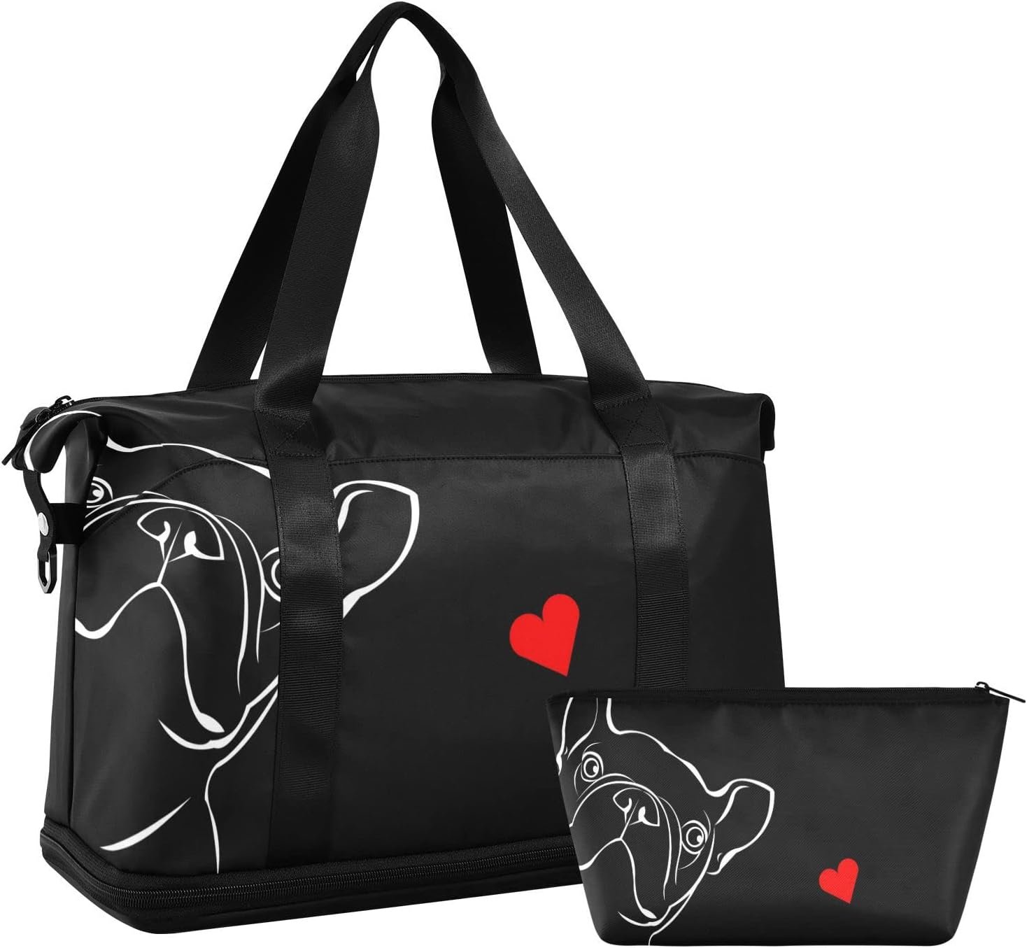 Weekender Bag for Women, French Bulldog Black Gym Bag Sports Duffle Bag Travel Tote Bag with Toiletry Bag Shoes Compartment Dry/Wet Separation Swim Bag