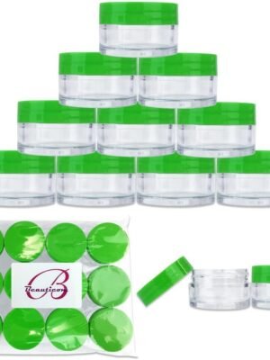 Beauticom 20 gram/20ml Empty Clear Small Round Travel Container Jar Pots with Lids for Make Up Powder, Eyeshadow Pigments, Lotion, Creams, Lip Balm, Lip Gloss, Samples (12 Pieces, Green)