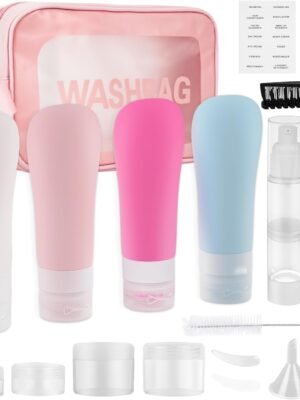 19 Pack Leak Proof Silicone Travel Bottles For Toiletries, TSA Approved Shampoo and Conditioner Containers with Tags Comb Airless Pump Jar and Wash Bag
