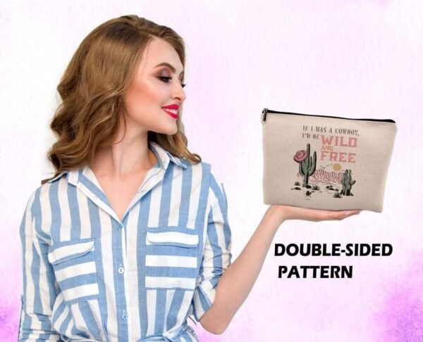 If I Was A Cowboy I'd Be Wild and Free Cosmetic Bag, Western Cowgirl Hat Cactus Desert Makeup Bag Zipper Cosmetic Pouch Bag Travel Linen Makeup Organizer, Cowgirl Gifts for Women Teen Girls Her