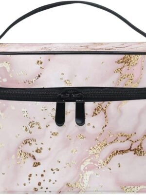 ZOEO Makeup Train Case Pink Marble Gilding Korean Carrying Portable Zip Travel Cosmetic Brush Bag Organizer Large for Girls Women