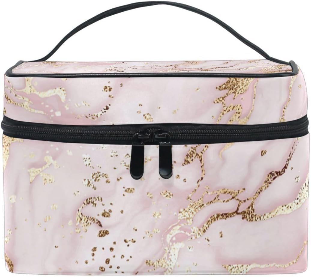 ZOEO Makeup Train Case Pink Marble Gilding Korean Carrying Portable Zip Travel Cosmetic Brush Bag Organizer Large for Girls Women