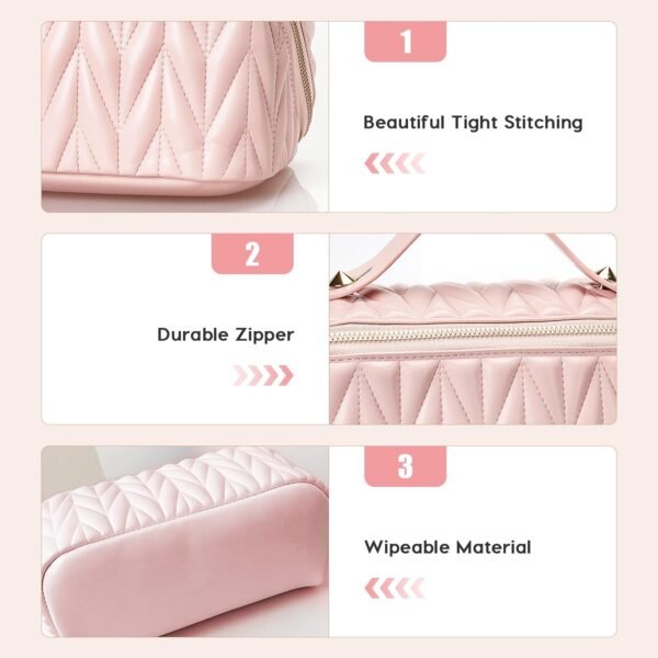 Large Makeup Bag Pink Cosmetic Bag PU Leather Waterproof Travel Cosmetic Organizer for Women Portable With Handle