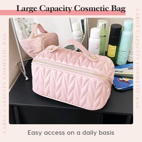 Large Makeup Bag Pink Cosmetic Bag PU Leather Waterproof Travel Cosmetic Organizer for Women Portable With Handle