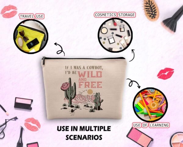 If I Was A Cowboy I'd Be Wild and Free Cosmetic Bag, Western Cowgirl Hat Cactus Desert Makeup Bag Zipper Cosmetic Pouch Bag Travel Linen Makeup Organizer, Cowgirl Gifts for Women Teen Girls Her