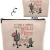 If I Was A Cowboy I'd Be Wild and Free Cosmetic Bag, Western Cowgirl Hat Cactus Desert Makeup Bag Zipper Cosmetic Pouch Bag Travel Linen Makeup Organizer, Cowgirl Gifts for Women Teen Girls Her