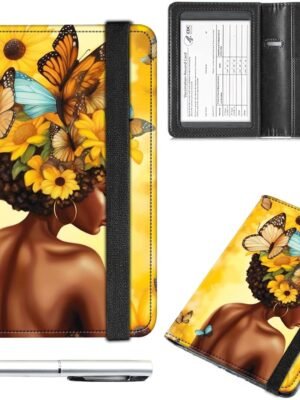 Passport and Vaccine Card Holder Combo,Passport Holder Passport Wallet,Black Leather Travel Documents Organizer Protector,with RFID Blocking,for Women and Men,Credit Card,African Butterflies Girl