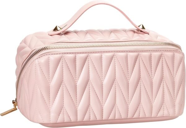 Large Makeup Bag Pink Cosmetic Bag PU Leather Waterproof Travel Cosmetic Organizer for Women Portable With Handle