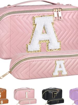 Personalized A-Z Initial Makeup Bag, Travel Toiletry Bag Cute Makeup Pouch Preppy Cosmetic Bag Monogram Make Up Bags Birthday Graduation Gifts for Women Friends Teen Girls (Pink, A)