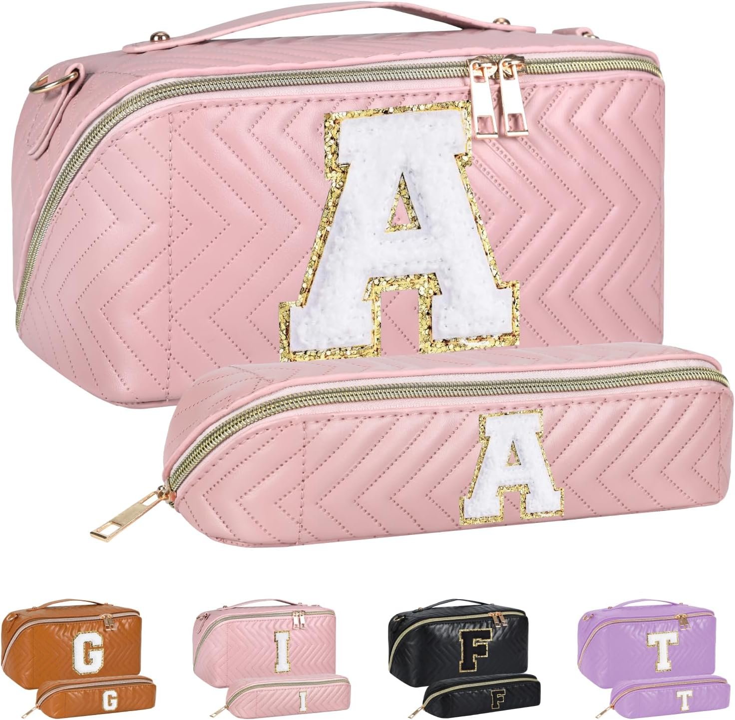 Personalized A-Z Initial Makeup Bag, Travel Toiletry Bag Cute Makeup Pouch Preppy Cosmetic Bag Monogram Make Up Bags Birthday Graduation Gifts for Women Friends Teen Girls (Pink, A)